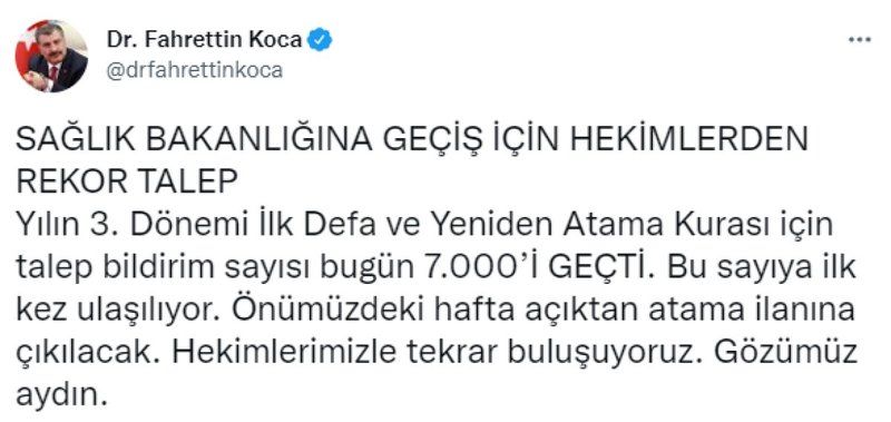 Bakan Koca: Atama kurası için talep bildirim sayısı bugün 7 bini geçti