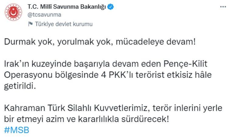 Pençe Kilit Operasyonu'nda 4 terörist öldürüldü