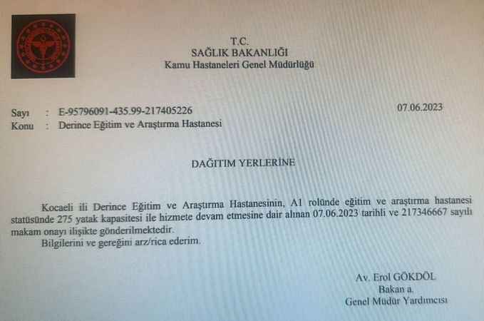 Derince Eğitim ve Araştırma Hastanesi Eski Statüsüne Geri Dönüyor