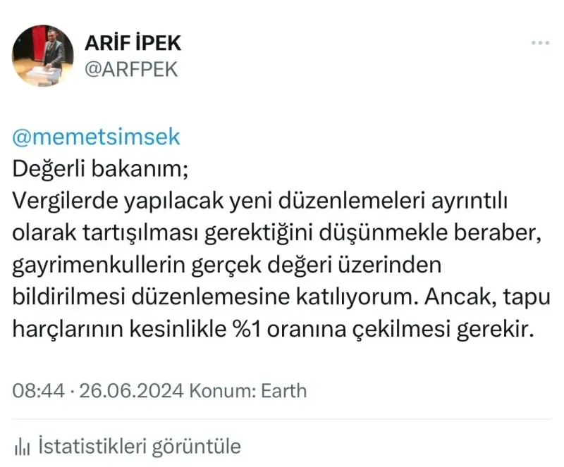 Arif İpek’ten Bakan Şimşek’e öneriler