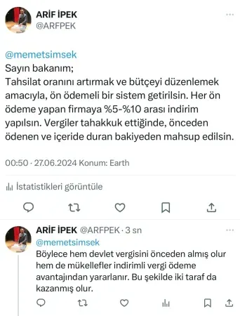 Arif İpek’ten Bakan Şimşek’e öneriler